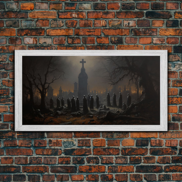 The Haunted Cemetery, Moody and Gloomy Art, Framed Canvas or Poster, Victorian Oil Painting, Dark Academia, Graveyard At Midnight