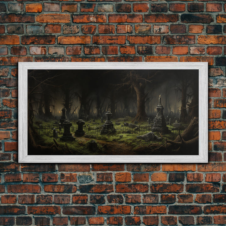 The Haunted Cemetery, Moody and Gloomy Art, Framed Canvas or Poster, Victorian Oil Painting, Dark Academia, Graveyard At Midnight