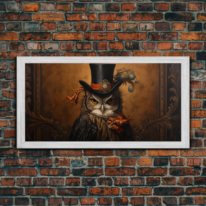 Gothic Victorian Owl Portrait, Framed Canvas Print, Halloween Wall Art, Unique Wall Decor, Owl Painting