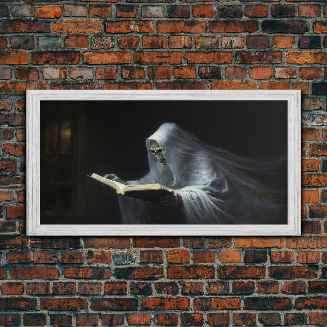 The Reading Ghost, Framed Canvas Print, Victorian Oil Painting Style, Spooky Halloween Decor, Goth Art