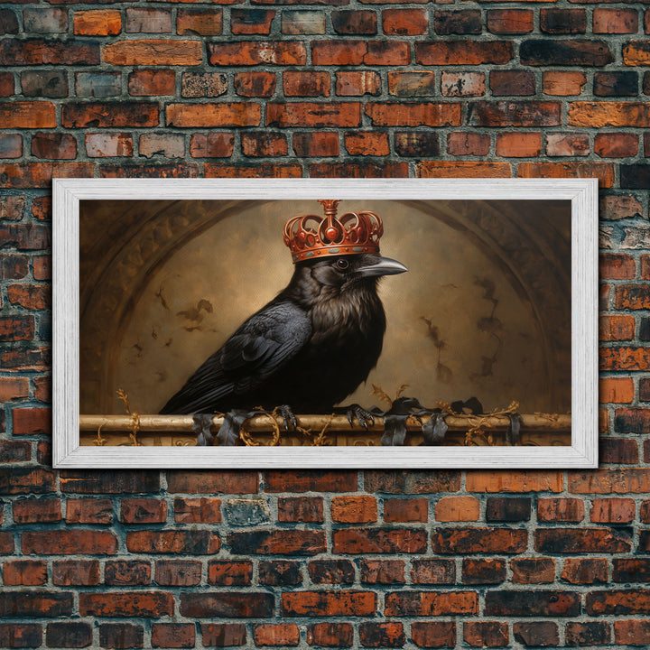 The Crow King, Framed Canvas Print, Cool Halloween Decor, Gothic Raven Art, Victorian Oil Painting, Halloween Art, Goth Decor