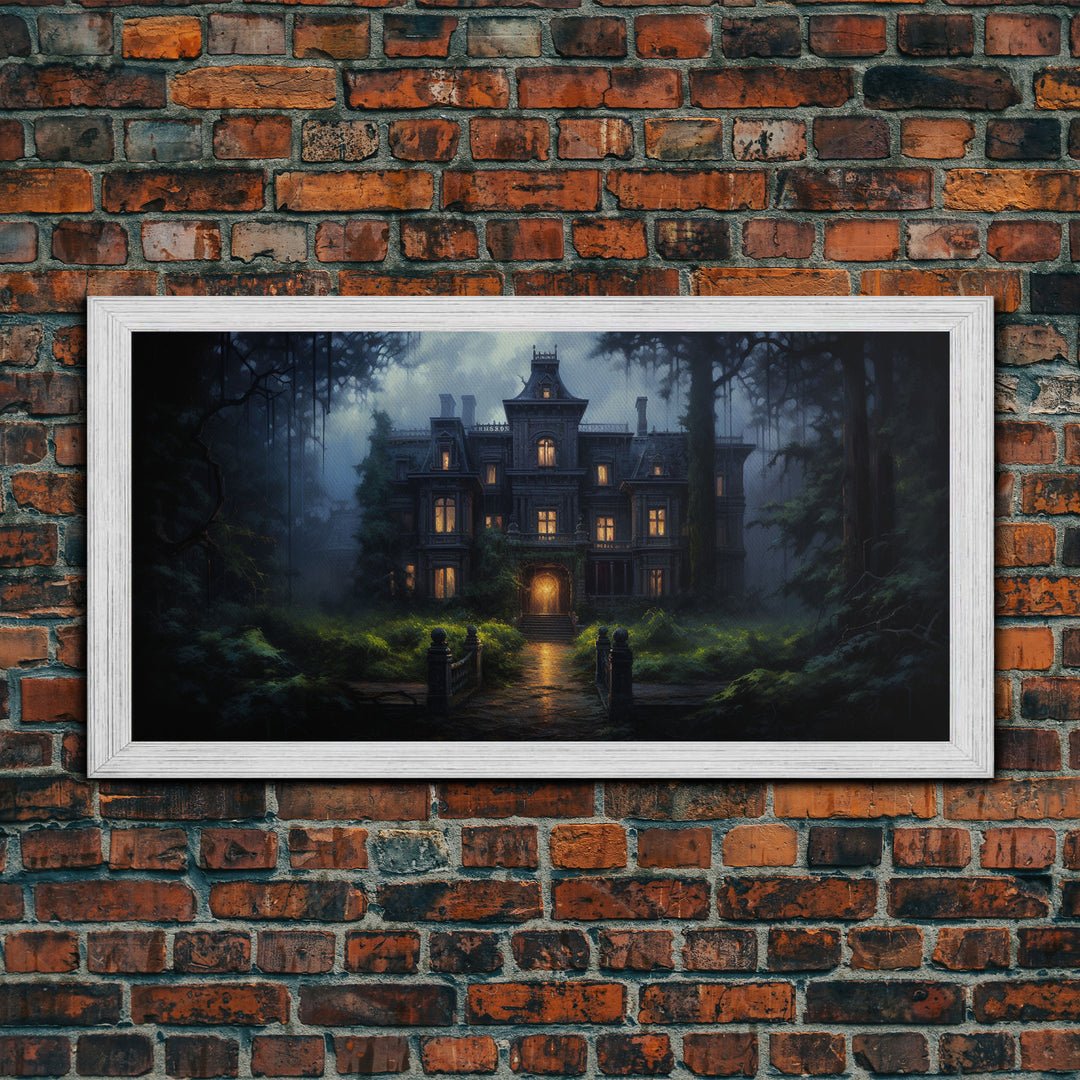 The Haunted House, Spooky Halloween Art, Haunted Victorian Mansion Framed Canvas Print, Horror Prints