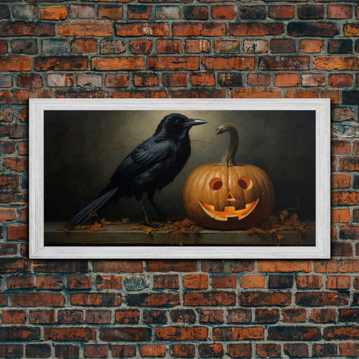 Halloween Decor, Spooky Crow Print, The Raven and The Jack O Lantern, Halloween Wall Art, Victorian Oil Painting, Dark Academia, Goth Art