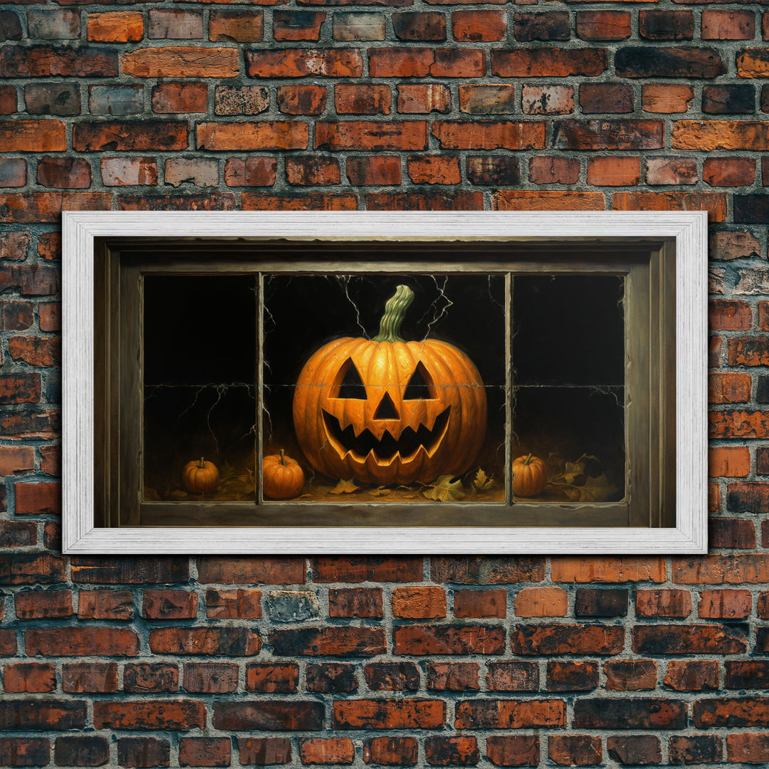 Jack O Lantern Art, Framed Canvas Print, Halloween Decor, Horror Prints, The Jack O Lantern In The Window