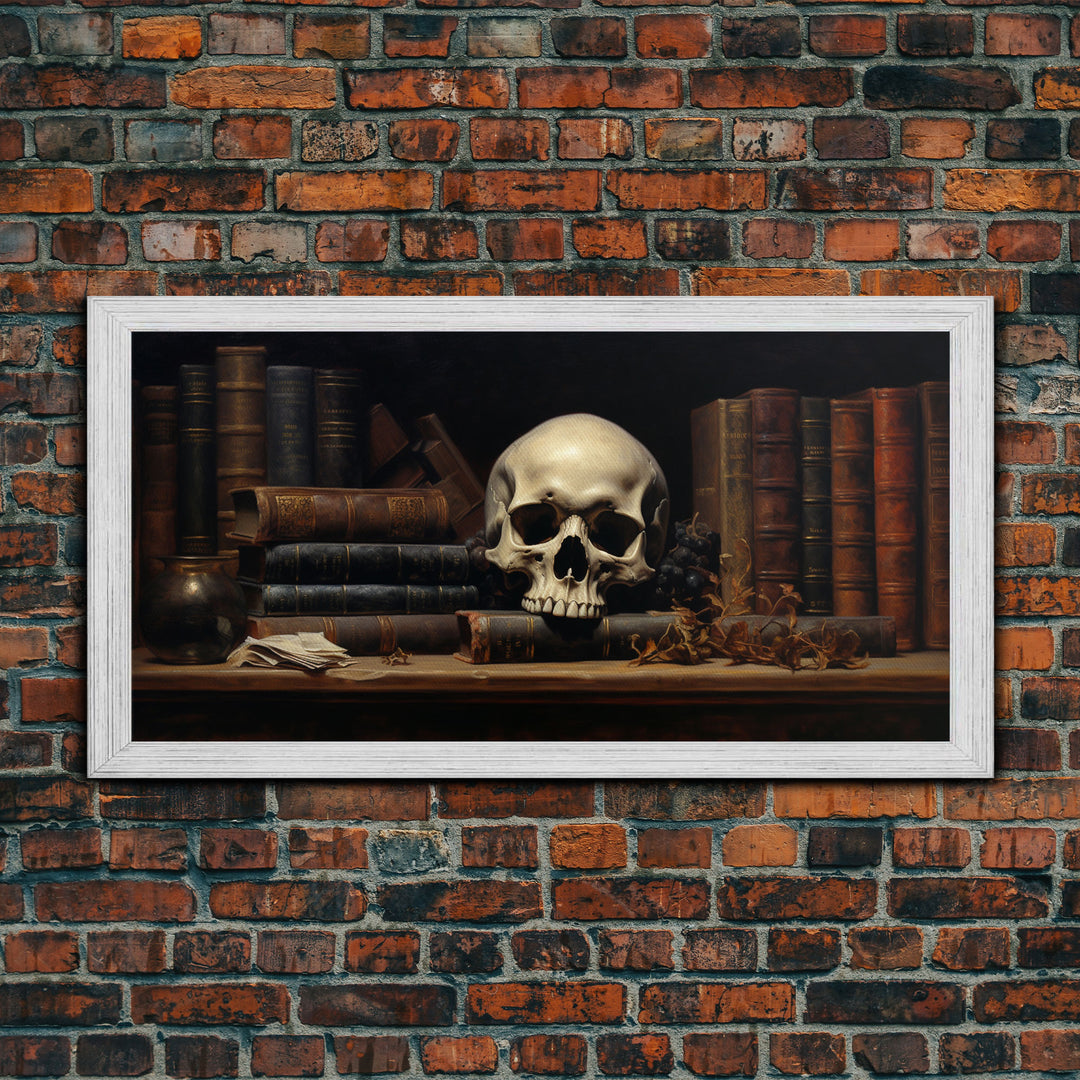 Victorian Gothic Library Art, The Skull On The Shelf, Framed Canvas Print, Halloween Decor, Halloween Art Print