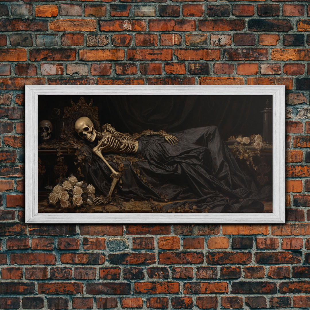 Eternal Slumber, Framed Canvas Print, Creepy Victorian Oil Painting, Halloween Art Prints, The Sleeping Skeleton Painting