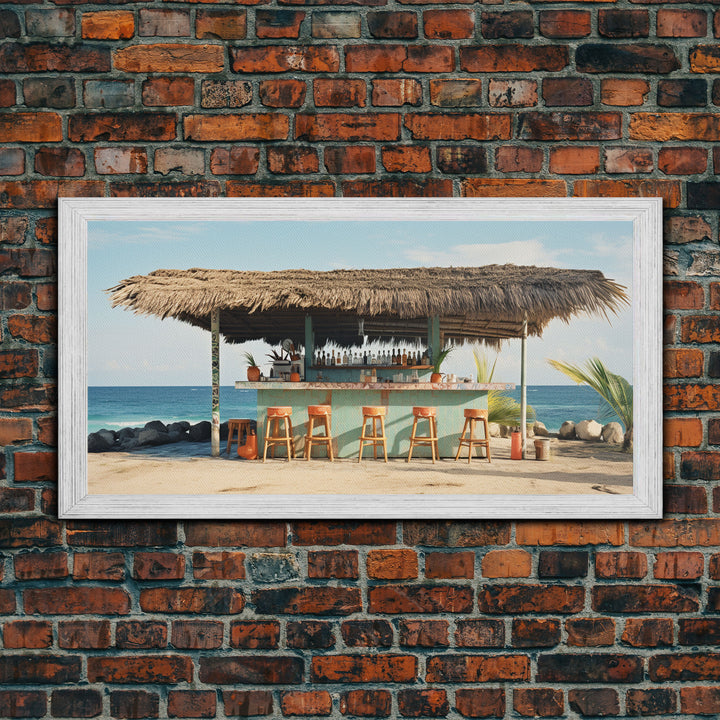 Beachside Tiki Hut Bar and Grill, Framed Canvas Print, Liminal Art, Framed Wall Decor Beach Photography, Surf Art, Surf Print Nautical Decor