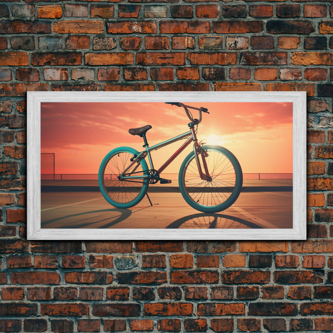 Vaporwave BMX Bike, Framed Canvas Print, Retro Wall Art, Sunset Photography, Bicycle Decor, Bike Rider Gift, Guy Gift