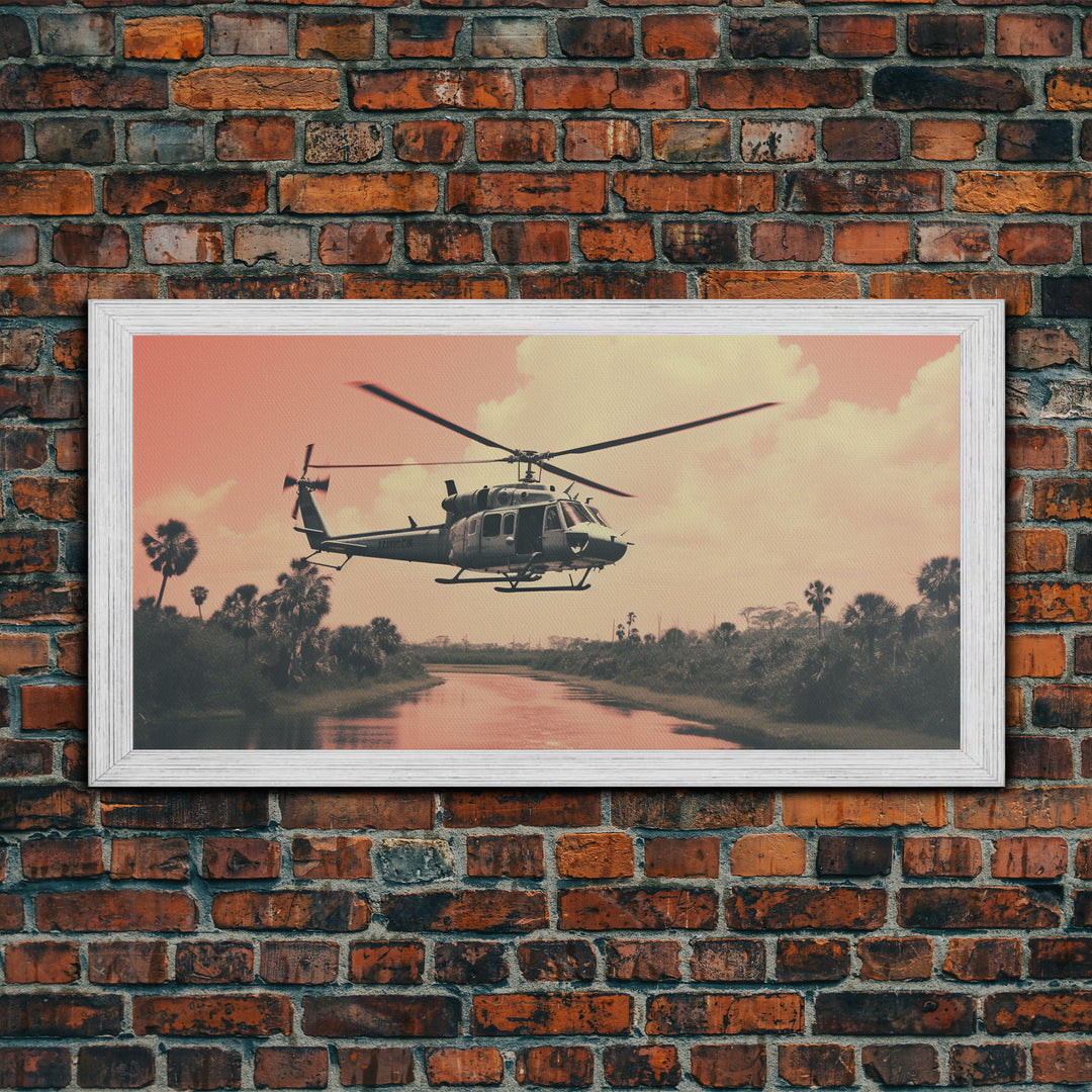 Vaporwave Huey Helicopter Over Vietnam, Framed Canvas Print, Military / War Art, Gift For Veteran, Hot LZ