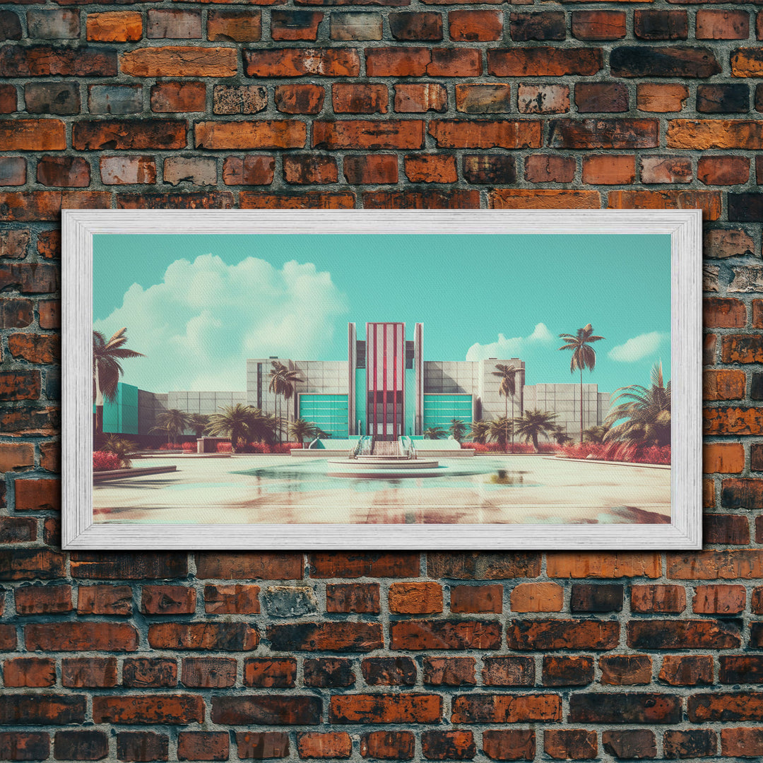 Vaporwave Art Deco Architecture, Framed Canvas Print, Retro 80s Wall Art, Liminal Spaces, Office Decor