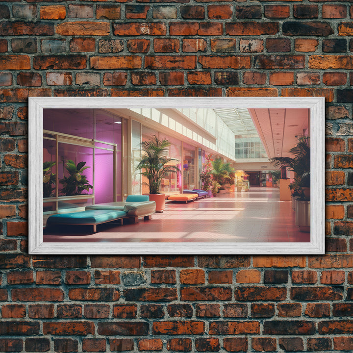 The Mall Before Opening On A Saturday Morning, Framed Canvas Print, Retro Vaporwave Aesthetic 1980s Vibes Wall Art