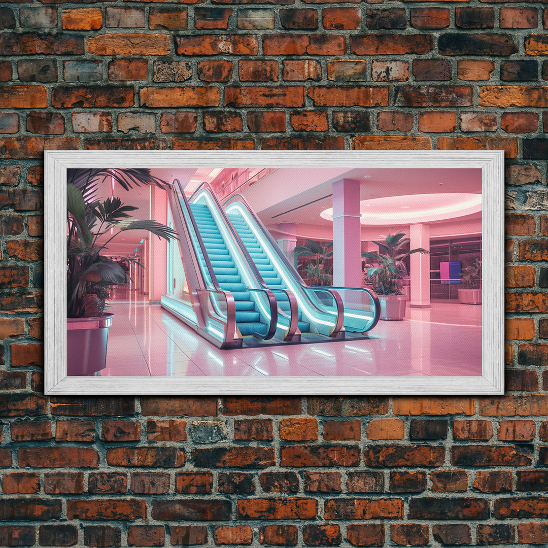 The Mall Before Opening On A Saturday Morning, Framed Canvas Print, Retro Vaporwave Aesthetic 1980s Vibes Wall Art