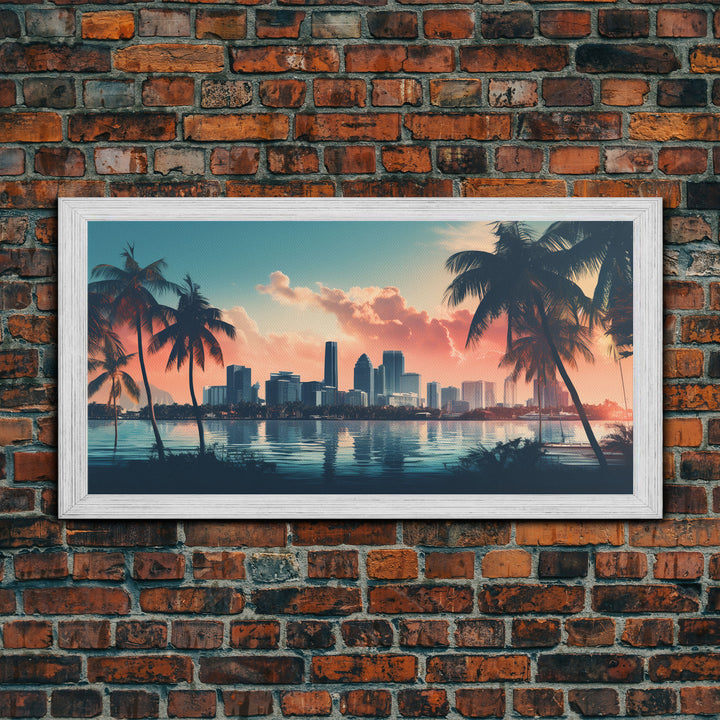 Miami Skyline At Sunrise, Framed Canvas Print, Vaporwave Aesthetic Wall Art, Framed Canvas Art, 1980s Art, Retro Decor