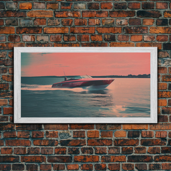 Vaporwave Pink Speed Boat Decor, Nautical Framed Canvas Print, Eclectic Retro Wall Art, 1980s Vibes Decor, Vintage Photography, Liminal Art