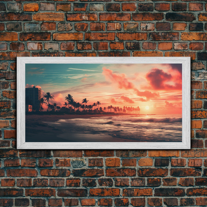 Sunset Over A Miami Beach, Framed Canvas Print, Vaporwave Wall Art, Retro 1980s Beach Art