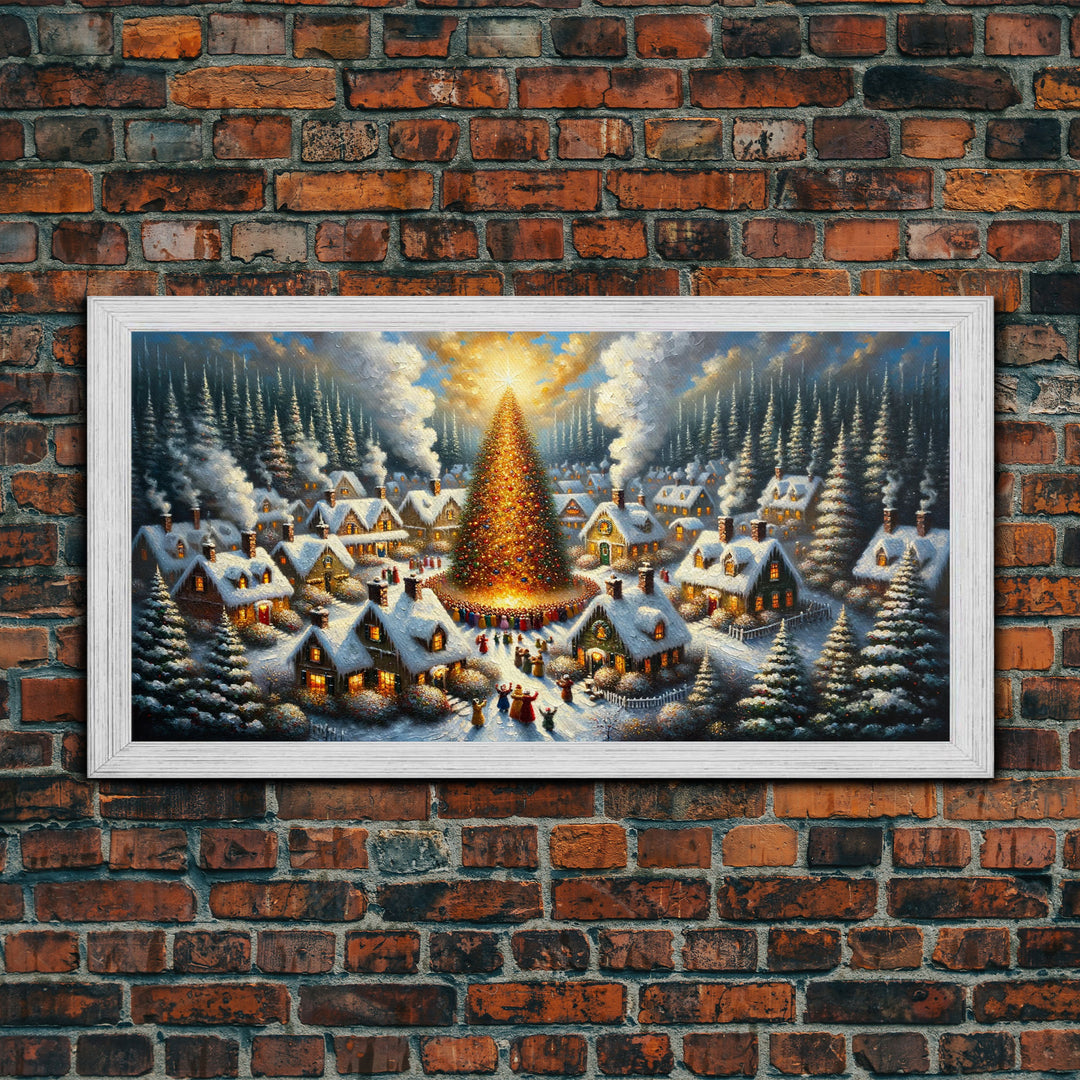 Abstract Christmas Village Centerpiece Wall Art | Framed Canvas Print | Christmas Oil Painting Winter Wonderland | Retro Farmhouse Christmas