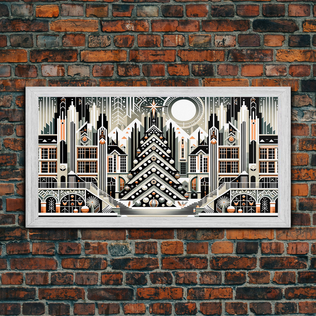 Art Deco Pattern Christmas Village - Framed Canvas Print - Retro Xmas Art - Christmas Decor - Christmas Wall Art - Christmas Art - Art Deco