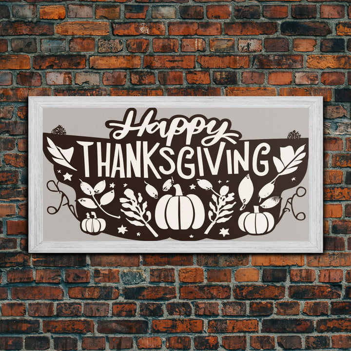 Happy Thanksgiving! Modern Farmhouse Wall Decor, Dining Room Wall Sign Kitchen Decor Large Framed Canvas Print, Fall Wall Art, Thankful