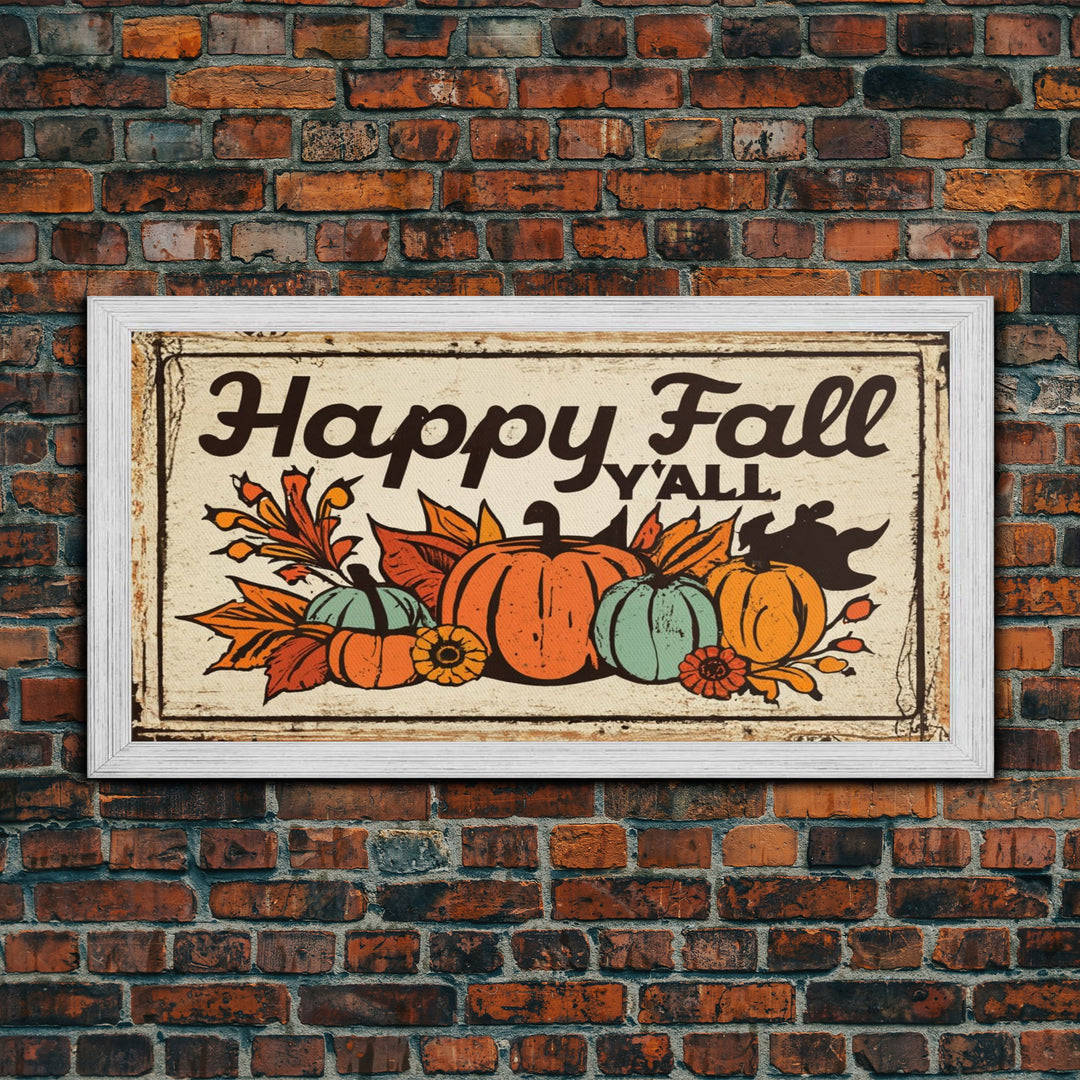 Happy Fall Y'all Typography Art, Rustic Farmhouse Decor, Framed Canvas Print, Canvas Sign, Fall Sign, Thanksgiving Sign Primitive Wall Art