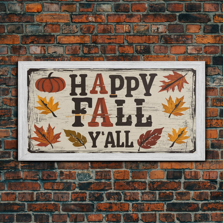 Happy Fall Y'all Typography Art, Modern Farmhouse Wall Decor, Dining Room Wall Sign Kitchen Decor Large Framed Canvas Print, Fall Wall Art