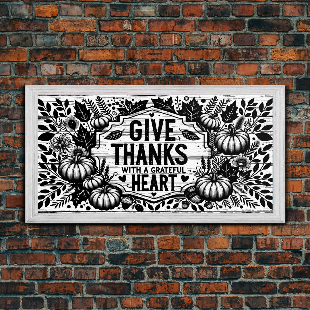 Give Thanks With A Grateful Heart Modern Farmhouse Wall Decor, Dining Room Wall Sign Kitchen Decor Large Framed Canvas Print, Fall Wall Art