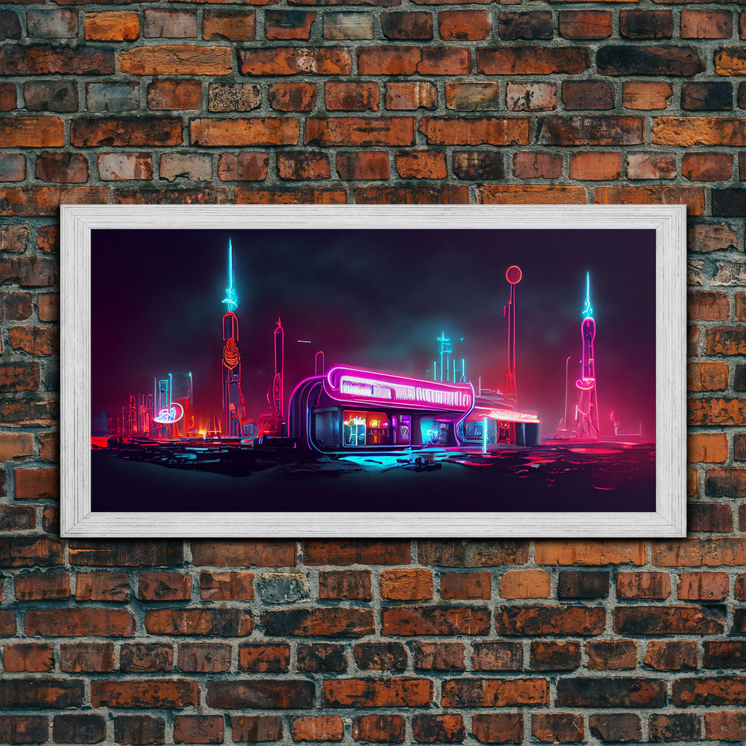 Neon Cyberpunk Diner, Retrofuturism, Framed Ready To Hang Canvas Print, beautiful wall art, guest room decor