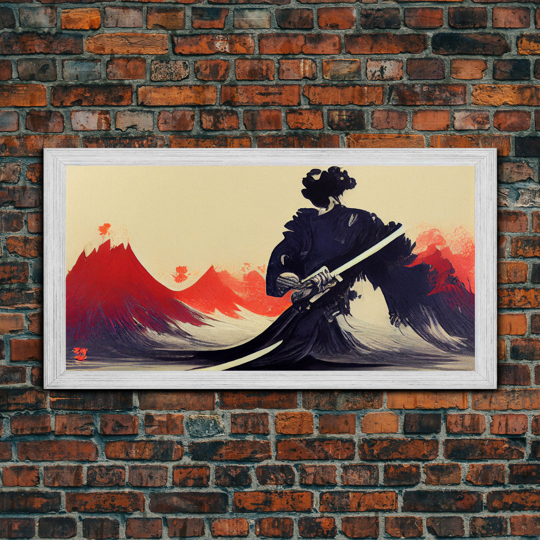 Japanese Samurai Superimposed Over Mountains, ready to hang canvas print wall art, framed canvas wall art, mancave wall art