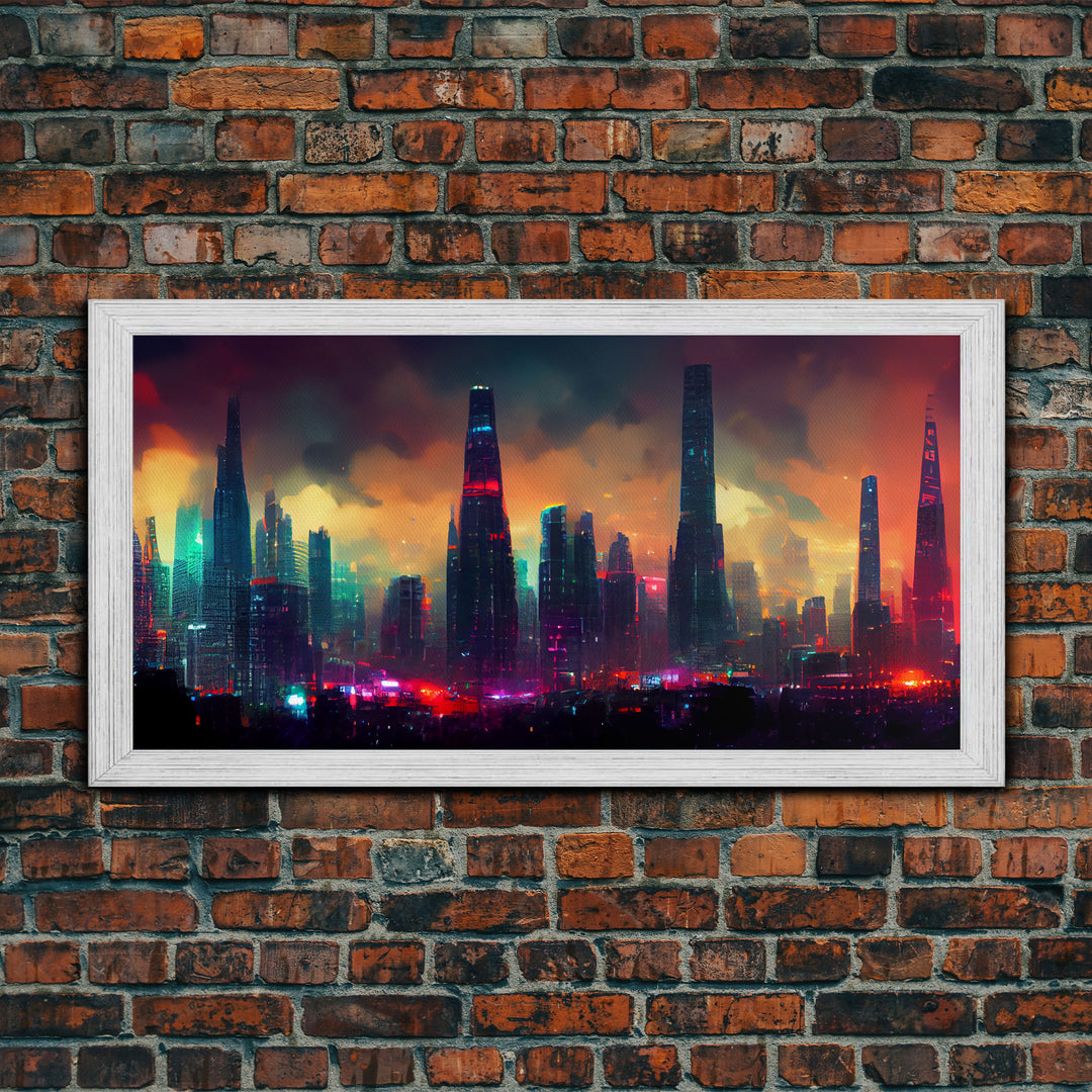 Dystopian Cyberpunk City, ready to hang canvas print wall art, framed canvas wall art, mancave wall art, Cyberpunk Art