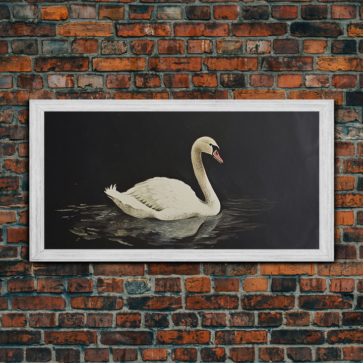 White Swan On A Black Lake, Victorian Style Vintage Art, Framed Canvas Print, Antique Art Reproduction, Traditional Wall Art