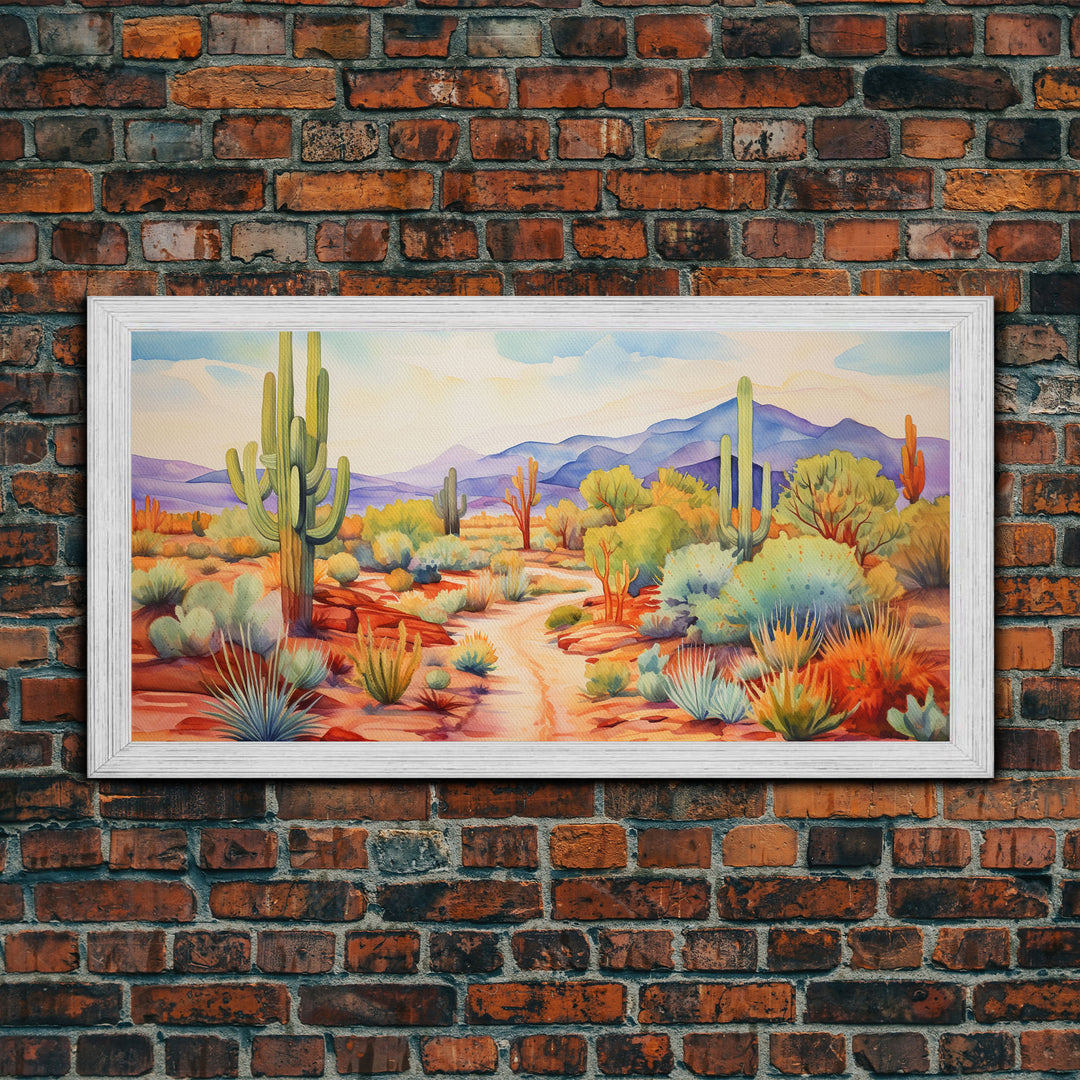 Southwestern Desert Landscape Print, Floral Print, Framed Canvas Art, Vibrant Cactus Desert Art, Mid-Century Modern, Pastel Desert Art