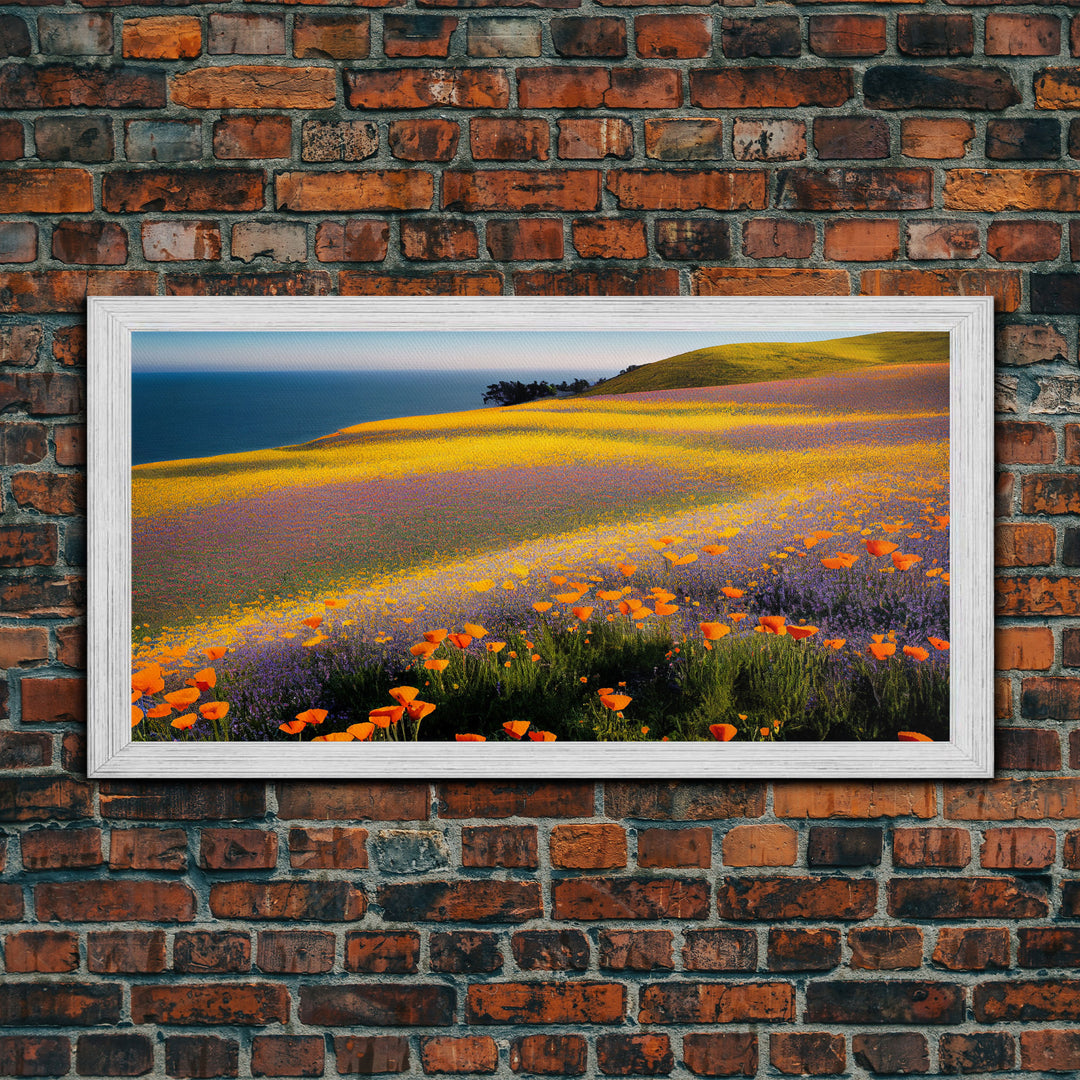 Lush Fields with Orange, Purple and Yellow Flowers, Vintage Italian Countryside, ready to hang canvas print wall art