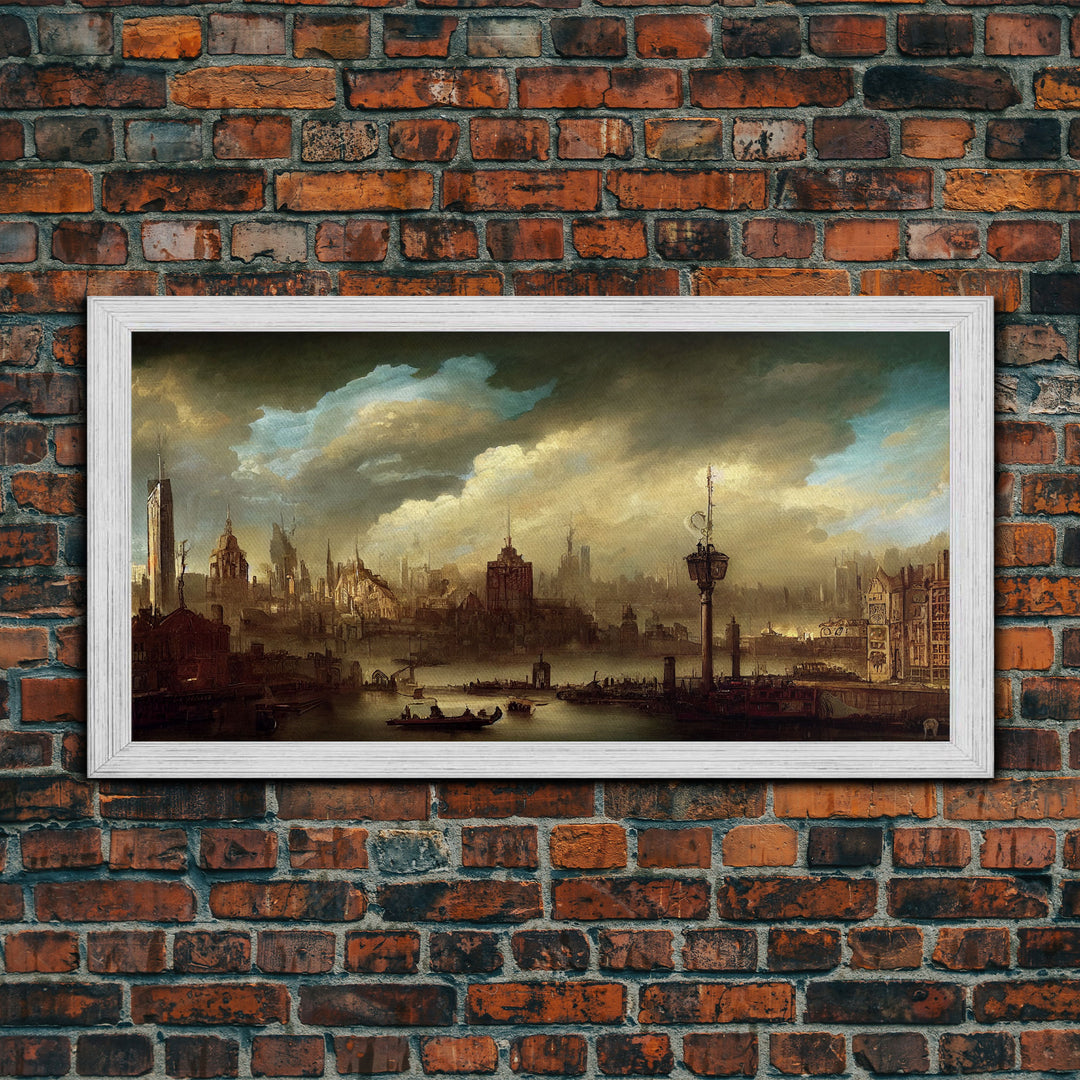 Victorian Steampunk Cityscape, Concept Art, Ready To Hang Canvas Print, Framed Wall Art