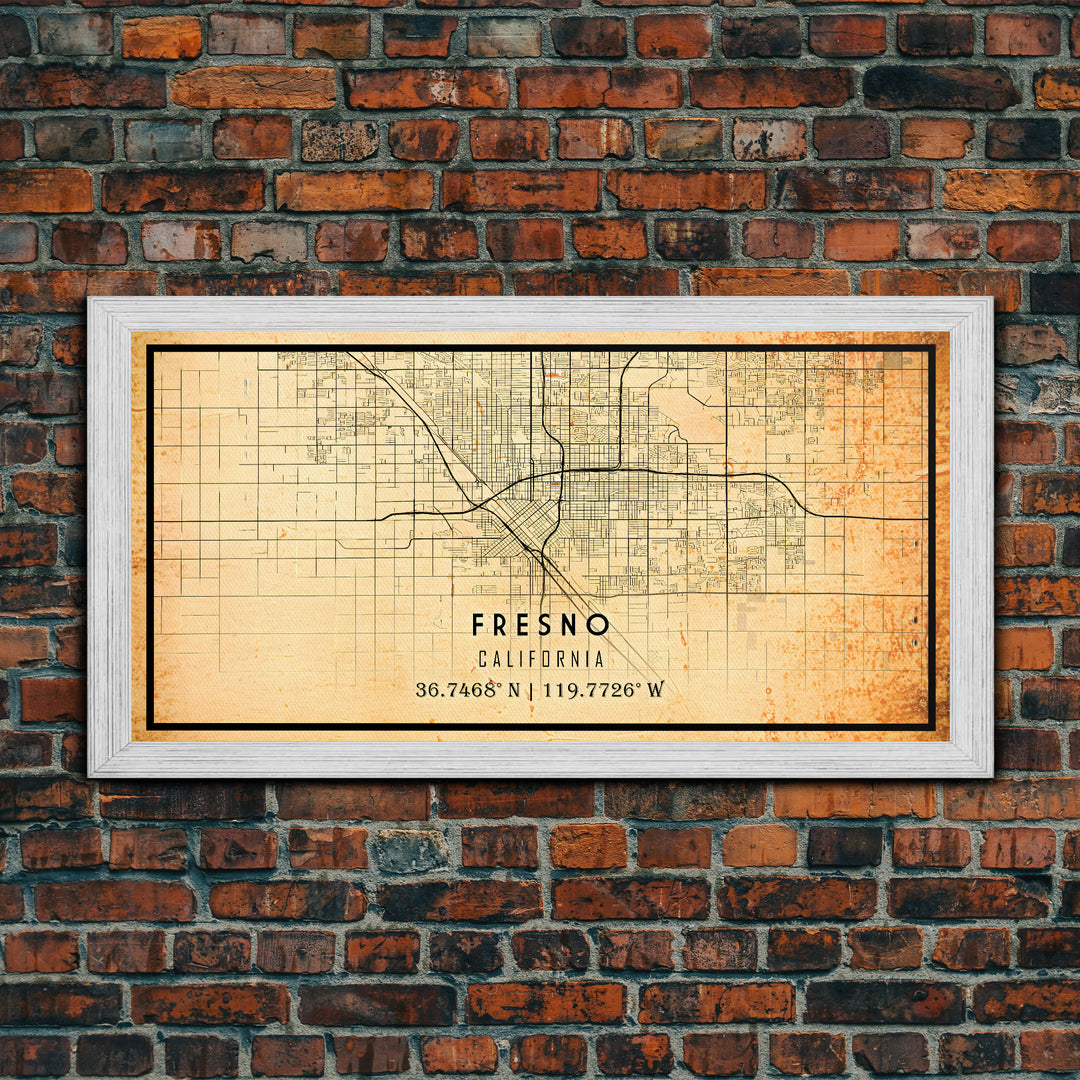 Distressed Fresno California Map, Framed Canvas Print Or Poster, California Map Print, Freso City Wall Art Map Print, Rustic Map Art