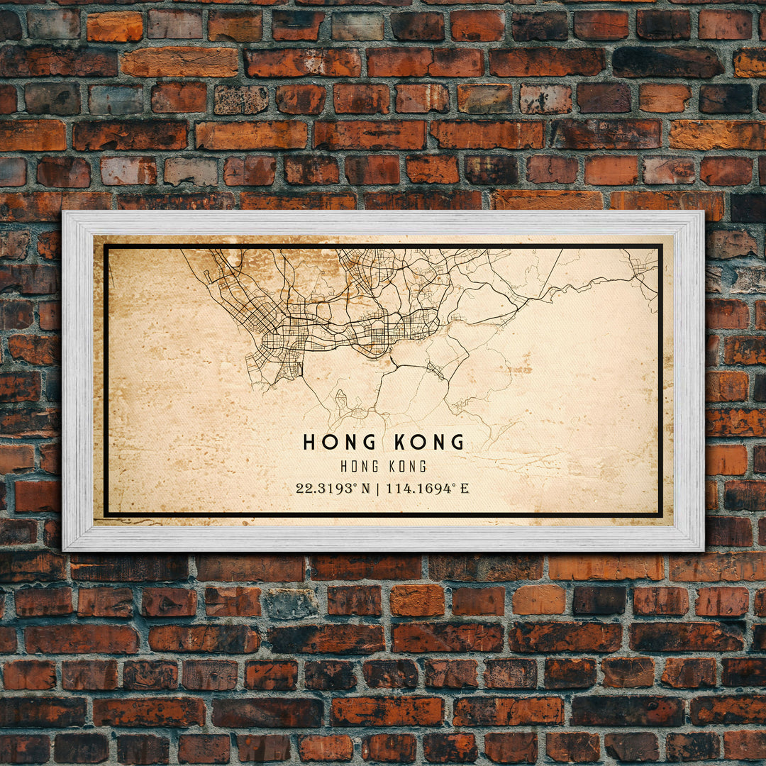 Vintage Hong Kong City Map Wall Art Canvas Print, Distressed Hong Kong Map, Framed Wall Art, Cool Hong Kong Travel Wall Art, Office Art