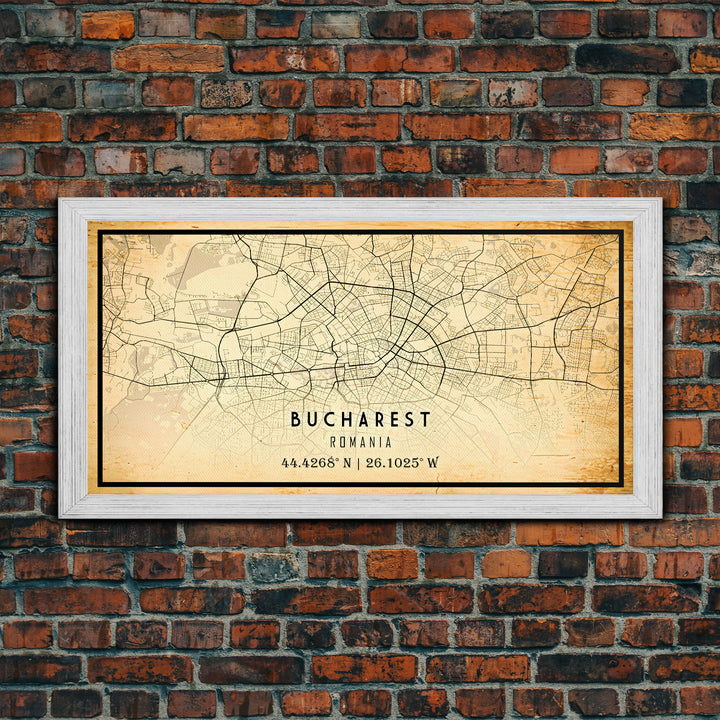 Vintage Style Bucharest City Map Wall Art Canvas Print, Distressed Bucharest Map, Framed Wall Art, Cool RomaniaTravel Wall Art, Office Art