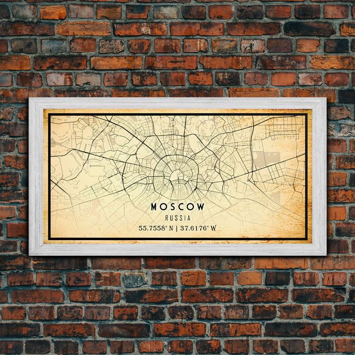 Vintage Style Moscow City Map Wall Art Canvas Print, Distressed Moscow Russia Map, Framed Wall Art, Cool Moscow Travel Wall Art, Office Art