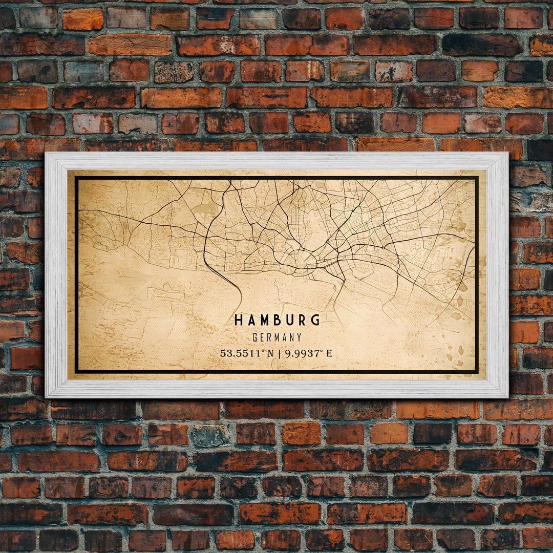 Old Hamburg Germany City Map Wall Art Canvas Print, Vintage Style Hamburg Map, Framed Wall Art, Cool Hamburg Wall Art, Office Art