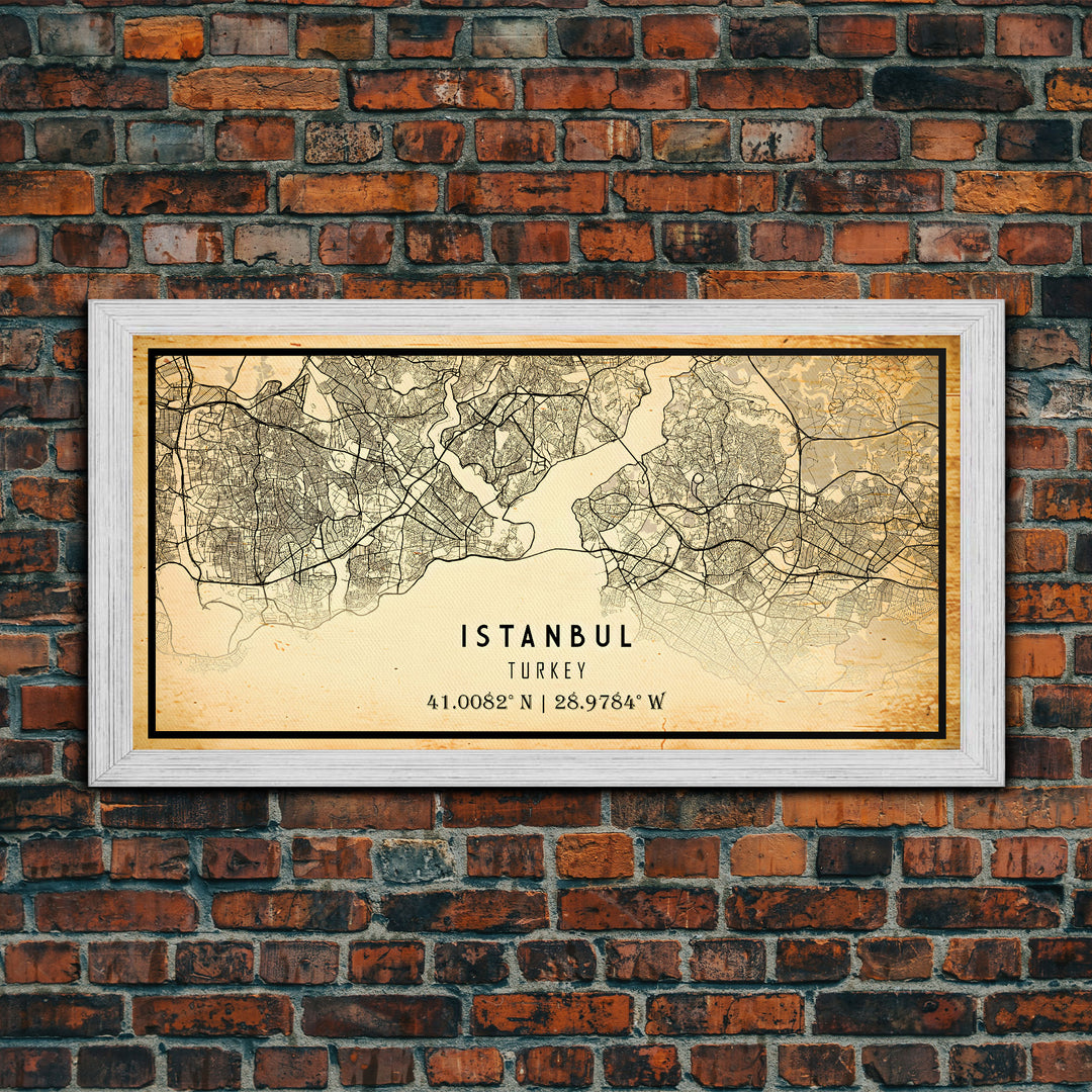 Vintage Istanbul City Map Wall Art Canvas Print, Distressed Istanbul Map, Framed Wall Art, Cool Istanbul Turkey Travel Wall Art, Office Art