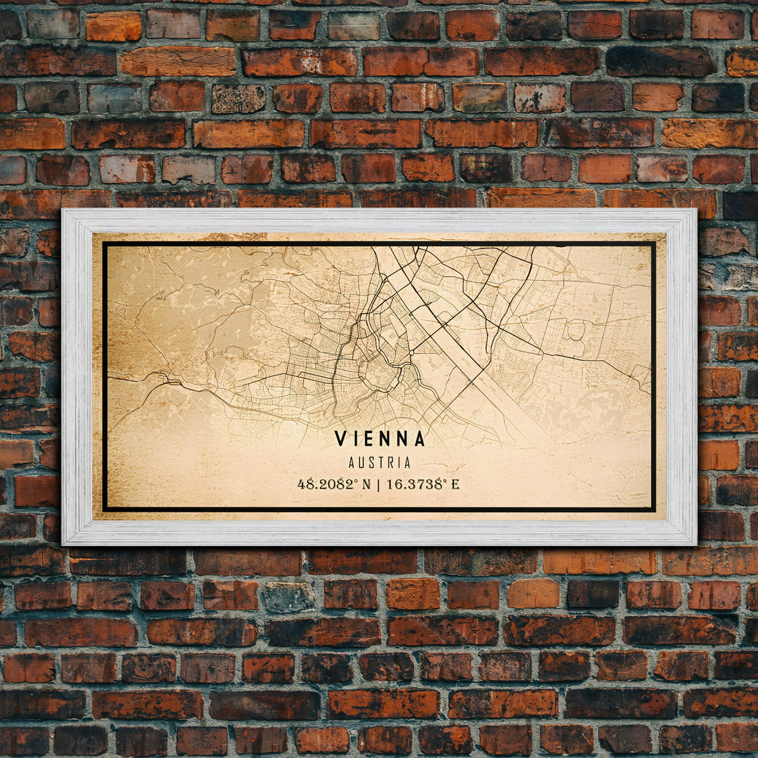 Vintage Vienna City Map Wall Art Canvas Print, Distressed Style Vienna Austria Map, Framed Wall Art, Cool Vienna Travel Wall Art, Office Art