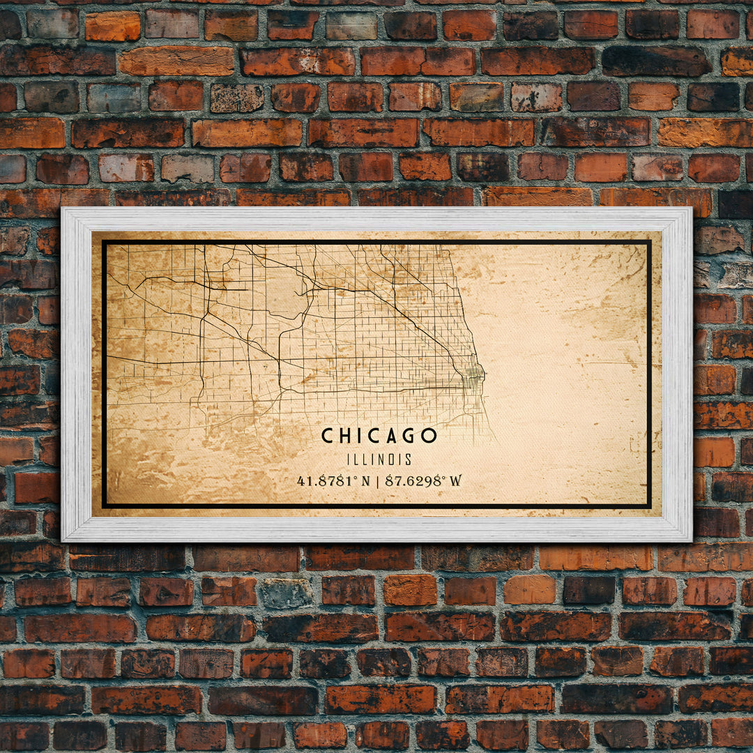 Distressed Chicago map print poster or framed canvas, Illinois road map print poster canvas, Chicago city map print poster canvas