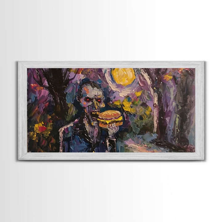 Vampire Having A Cheeseburger, Framed Canvas Print, Funny Halloween Decor