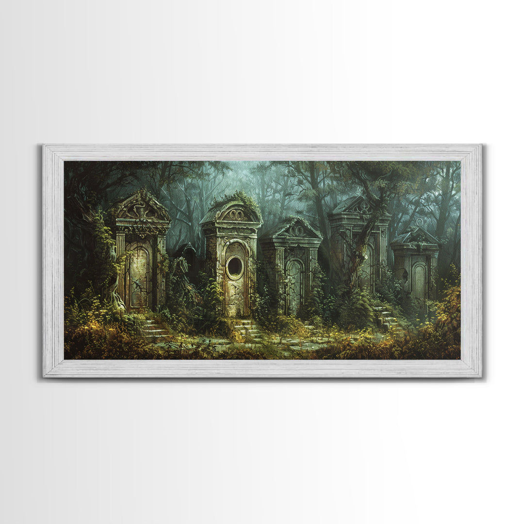 The Haunted Grave Yard, Spooky Season Framed Canvas Print, Halloween Decor, Spooky Vibes, Dark Academia Wall Art