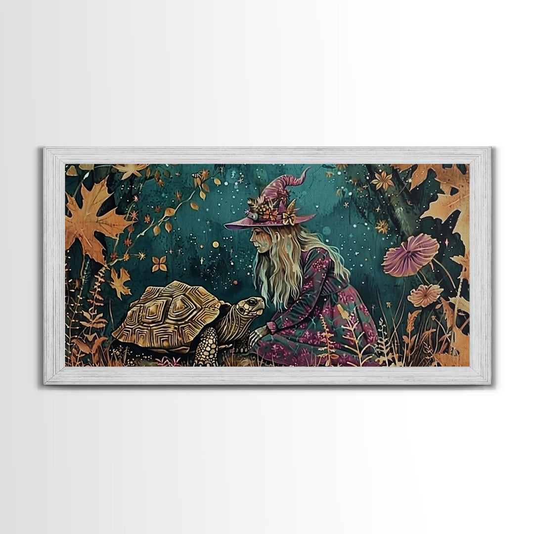 Victorian Witch and her Tortoise Familiar | Framed Canvas Print | Dark Academia Wall Art | Victorian Style Halloween Art