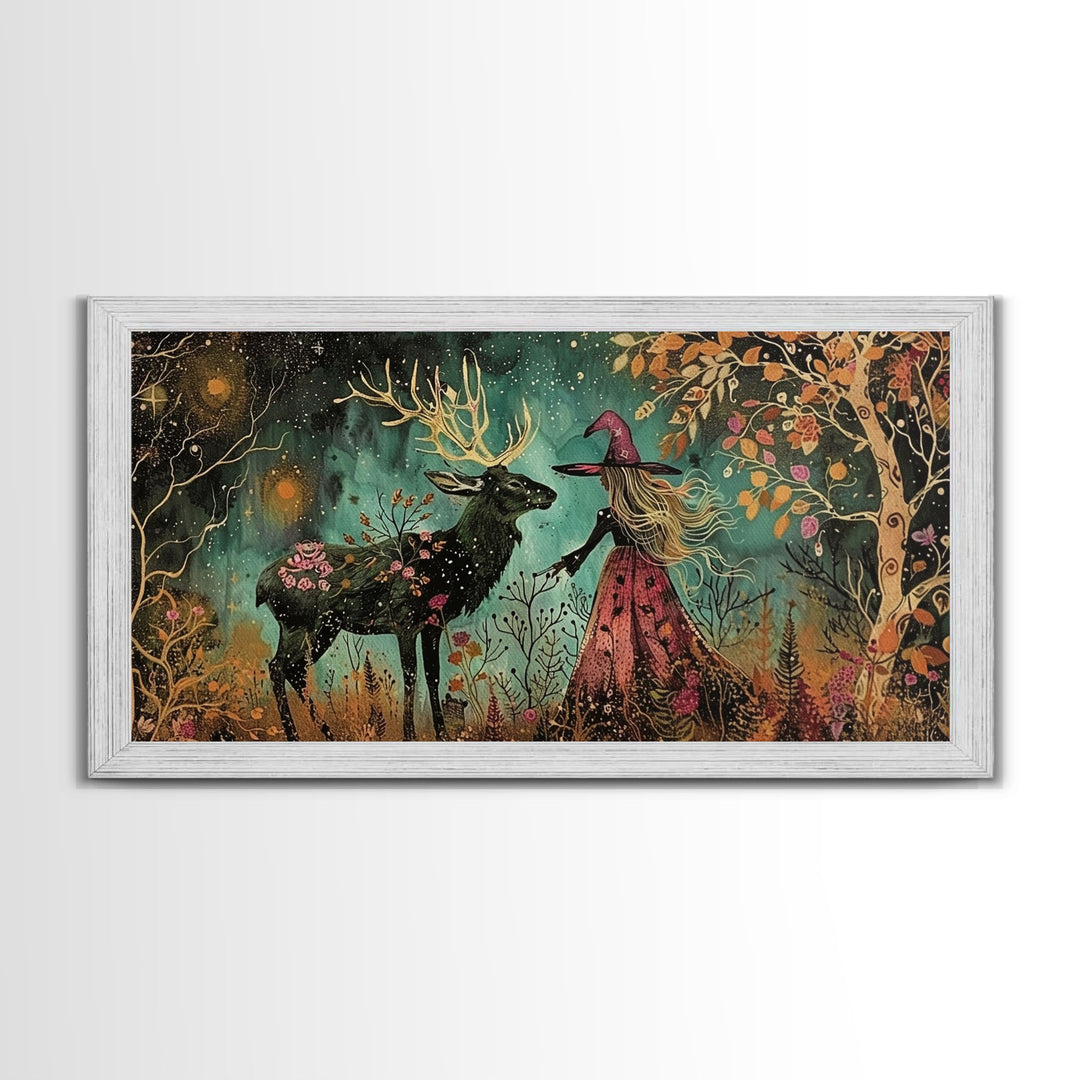 Victorian Witch and her Deer Familiar | Framed Canvas Print | Dark Academia Wall Art | Victorian Style Halloween Art