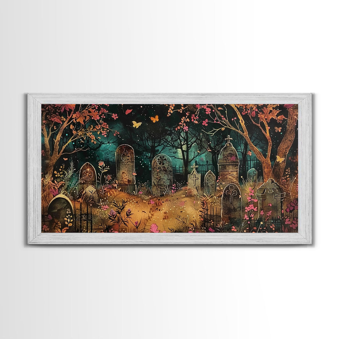 Spooktober Wall Art, Framed Canvas Print, Cottagecore Dark Academia Grave Yard Wall Art, Halloween Decor