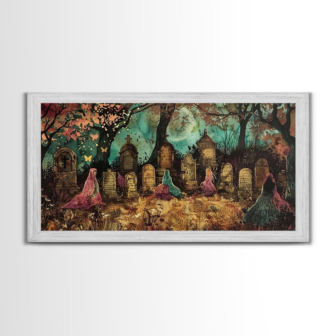 Spooktober Wall Art, Framed Canvas Print, Cottagecore Dark Academia Grave Yard Wall Art, Halloween Decor