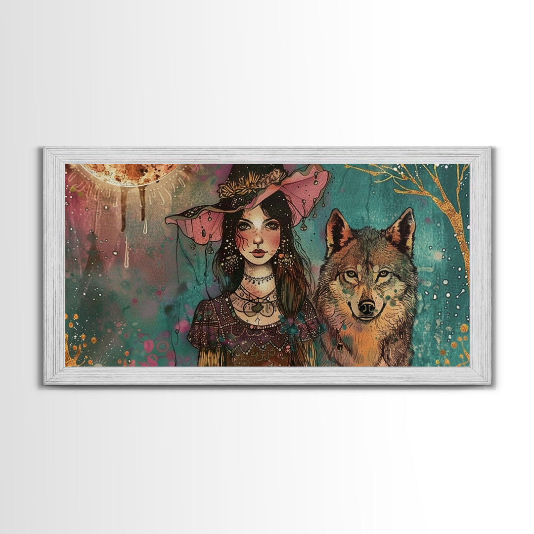 The Witch and The Wolf Familiar, Framed Canvas Print, Halloween Gift, Halloween Props, Halloween Wall Art