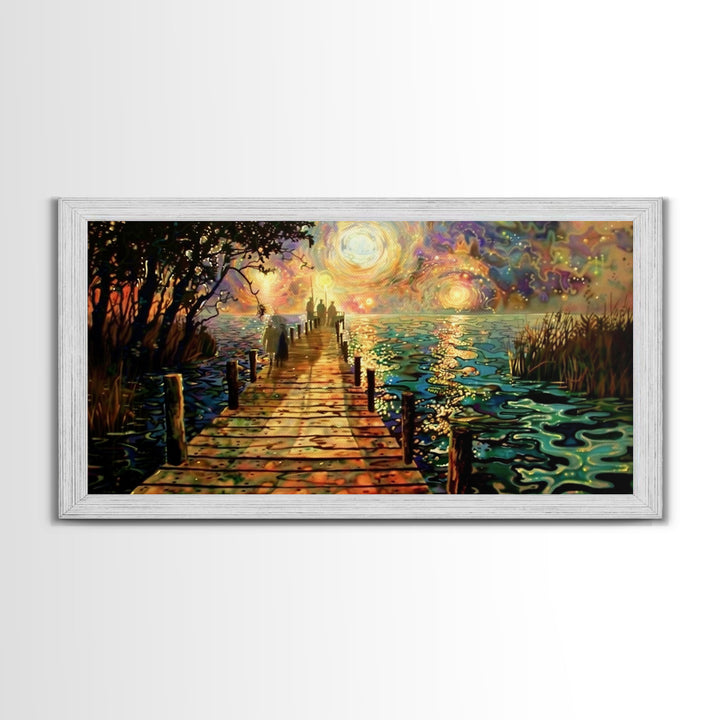 Starry Night Inspired Haunted Ghostly Docks At Night, Framed Canvas Print, Halloween Decor