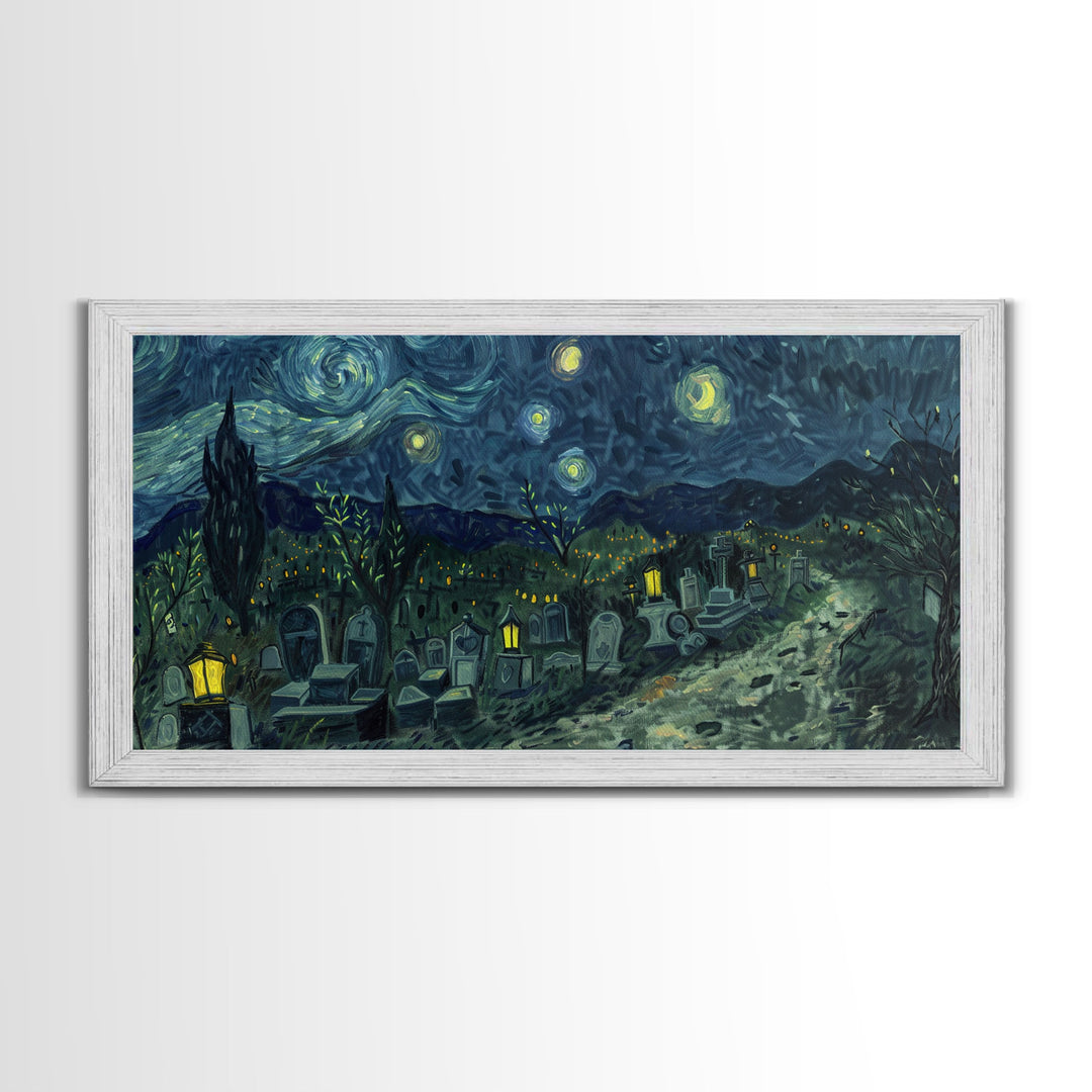 Starry Night Inspired Haunted Cemetery, Framed Canvas Print, Spooky Season Gift Idea, Halloween Decor, Halloween Prop