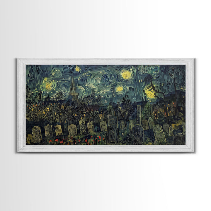 Starry Night Inspired Haunted Cemetery, Framed Canvas Print, Spooky Season Gift Idea, Halloween Decor, Halloween Prop